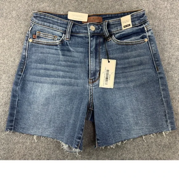 Judy Blue High Waist Denim Shorts Raw Hem Distressed Medium Wash Size M - Picture 1 of 11